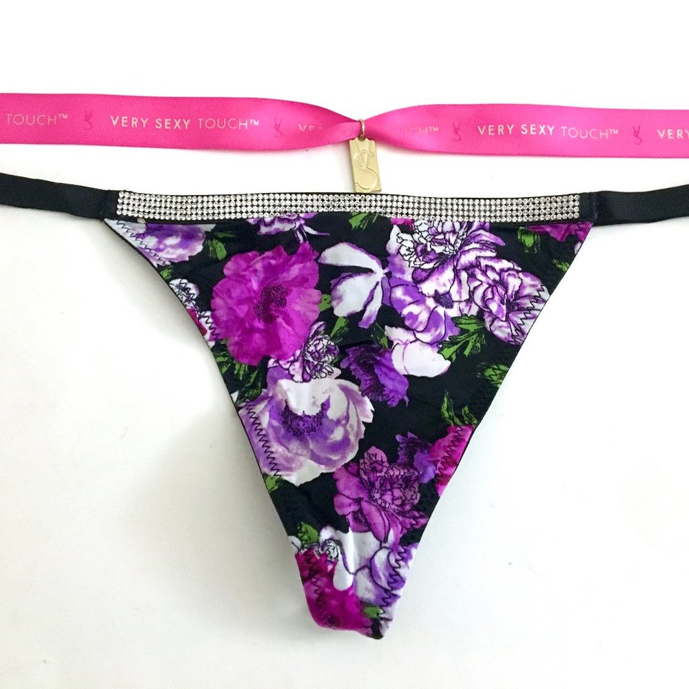VS Black Floral Rhinestone Trim Thong V-String Panty